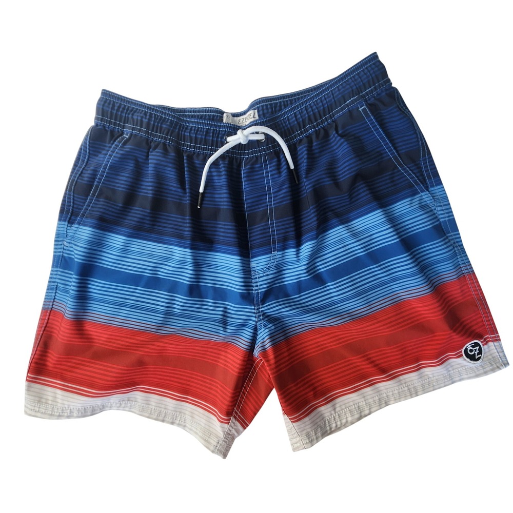 Ezekiel Mens Swim Trunks Blue Red Striped Board Shorts Size 36 Stretch Quick Dry